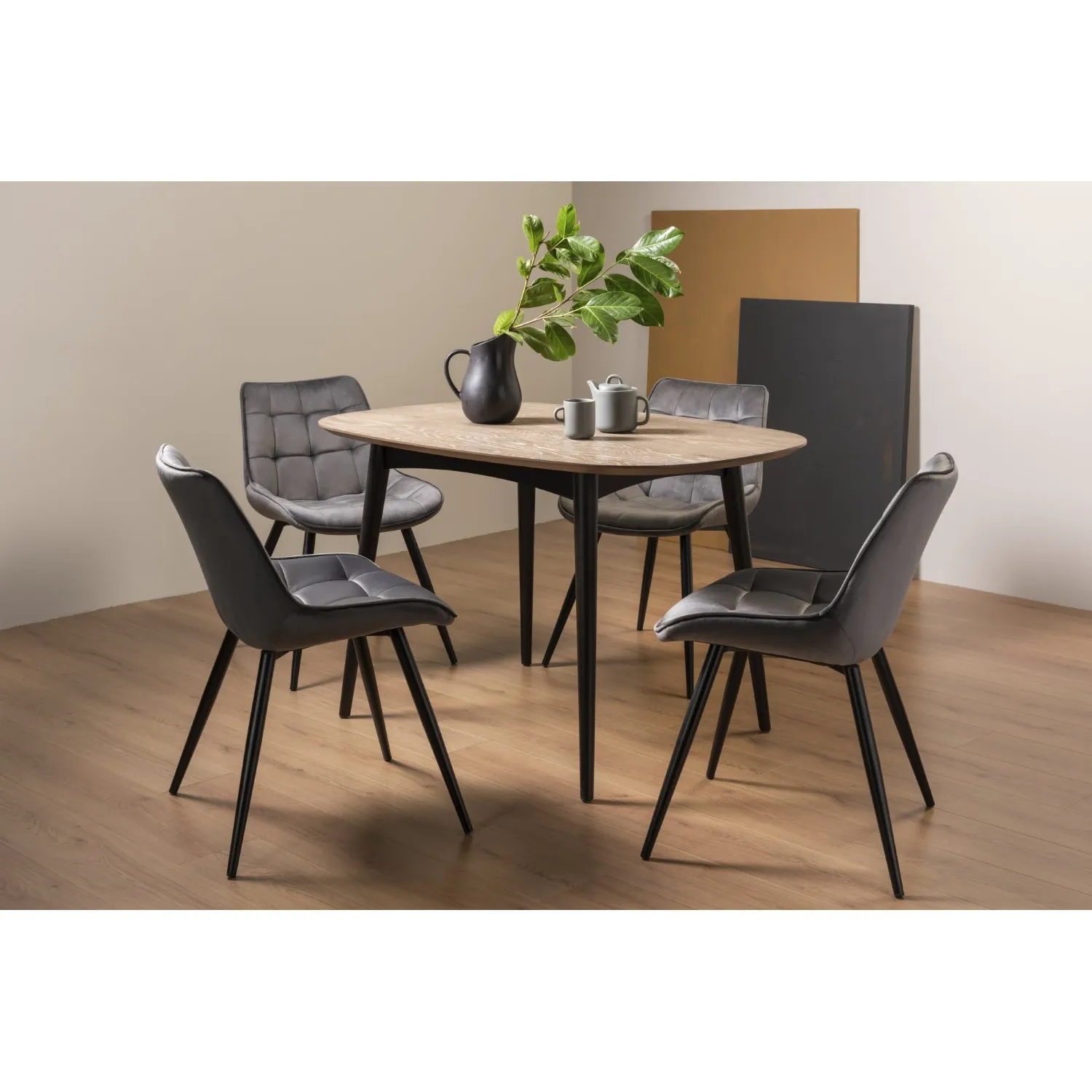Weathered Oak Dining Table 4 Grey Velvet Fabric Chairs Set