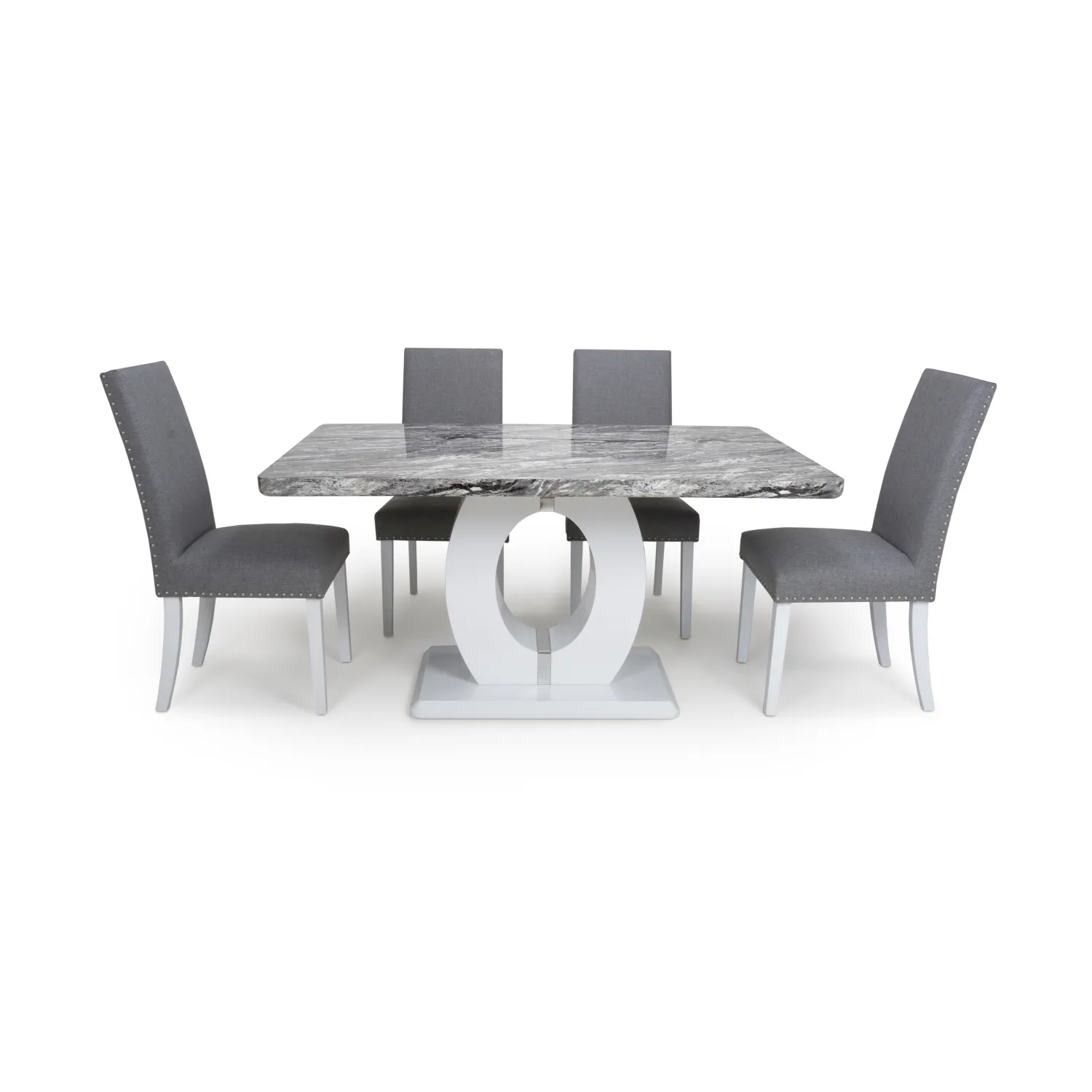 Grey White Marble Top Dining Table Set and 4 Grey Chairs