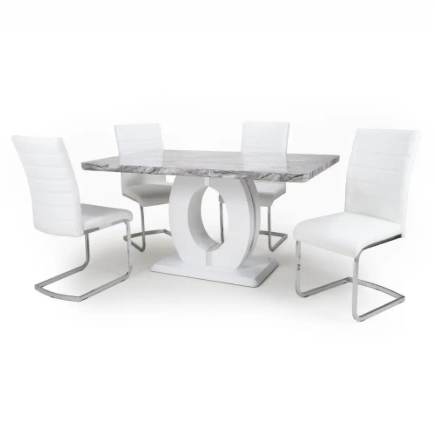 Marble Top Dining Table Set 4 White Leather Chairs