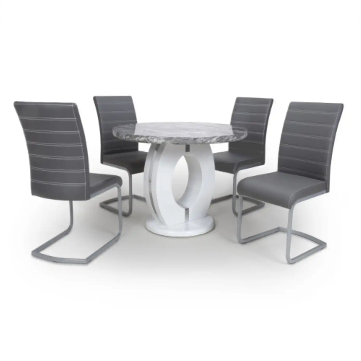 Marble Round Dining Table Set 4 Grey Leather Chairs