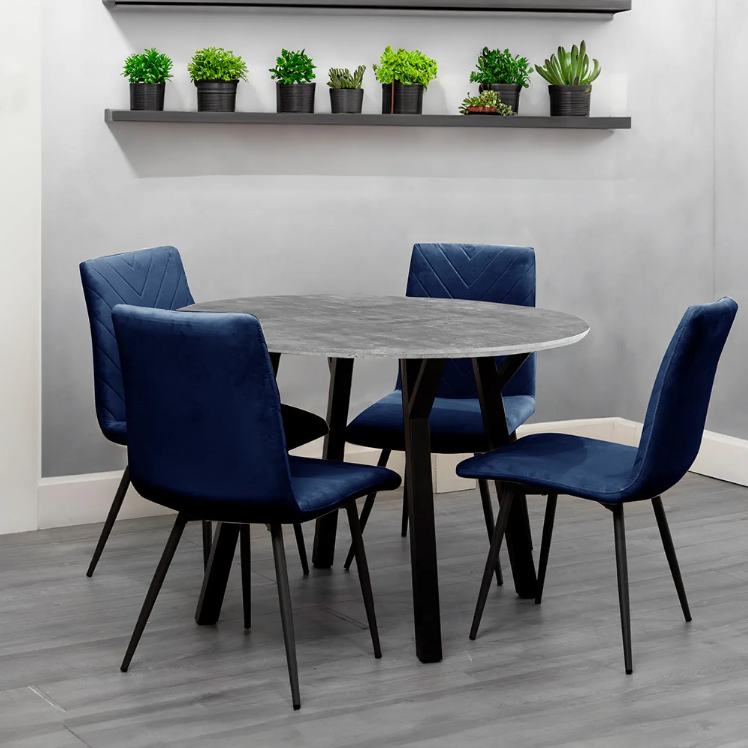 Dining Set 1.1m Concrete Round Table And 4 x Blue Chairs