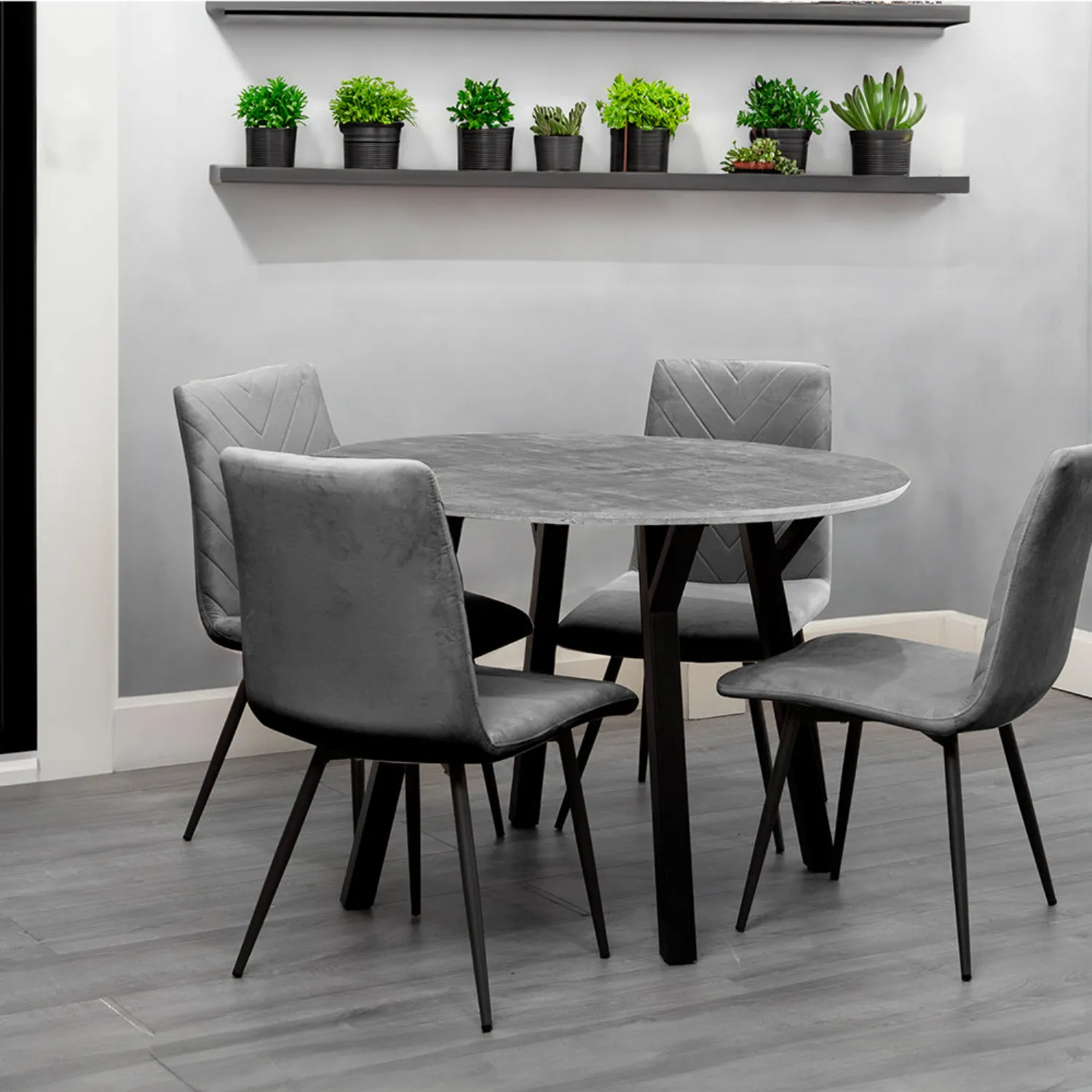 Dining Set 1.1m Concrete Round Table And 4 x Grey Chairs
