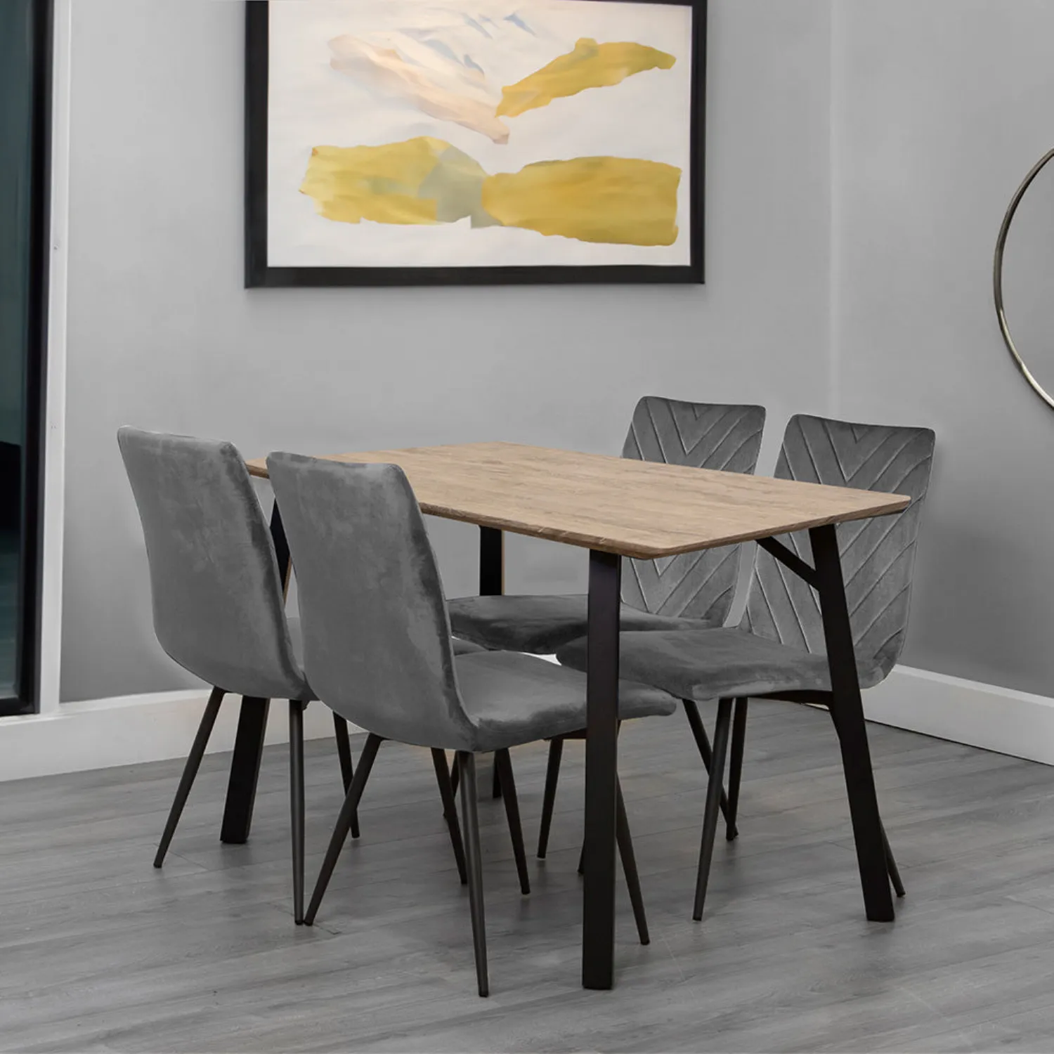 Dining Set 1.2m Oak Finish Table And 4 x Grey Chairs
