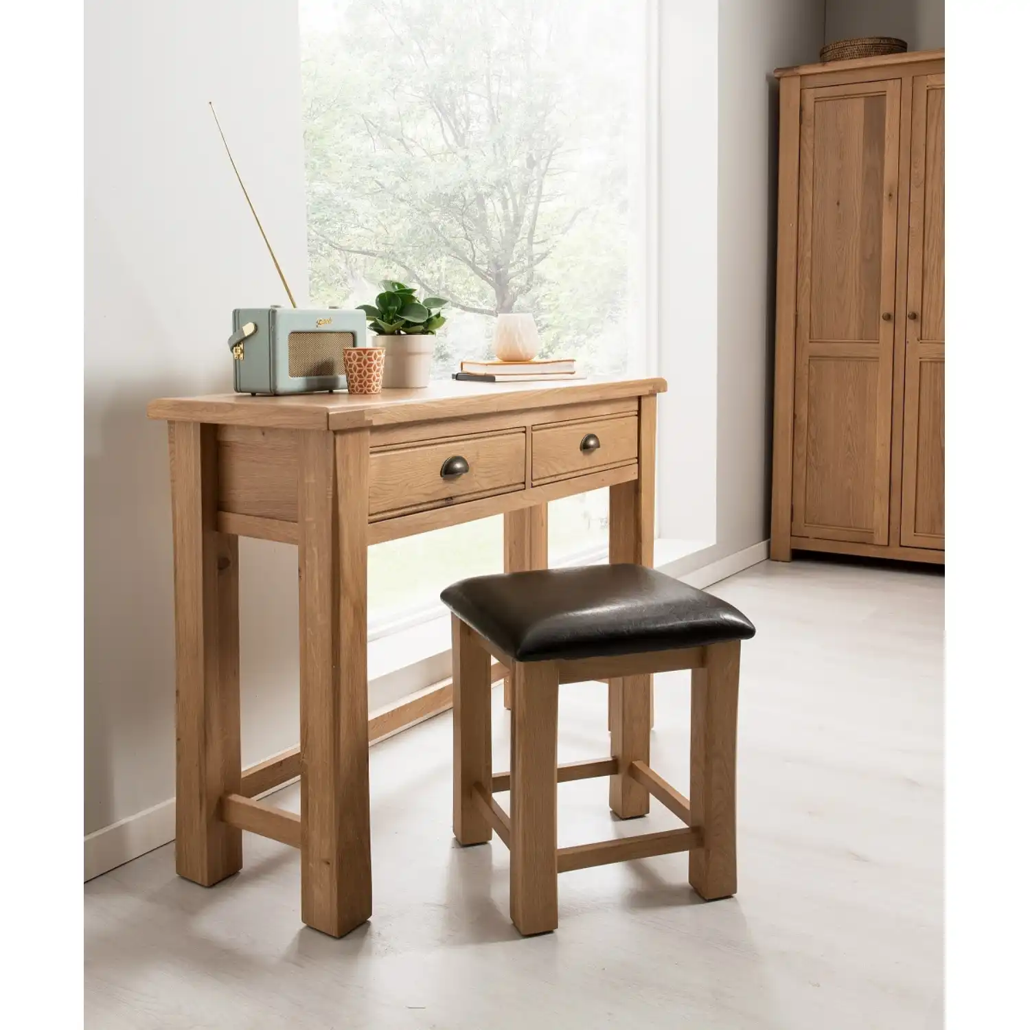 Solid Oak Dressing Table and Stool Set