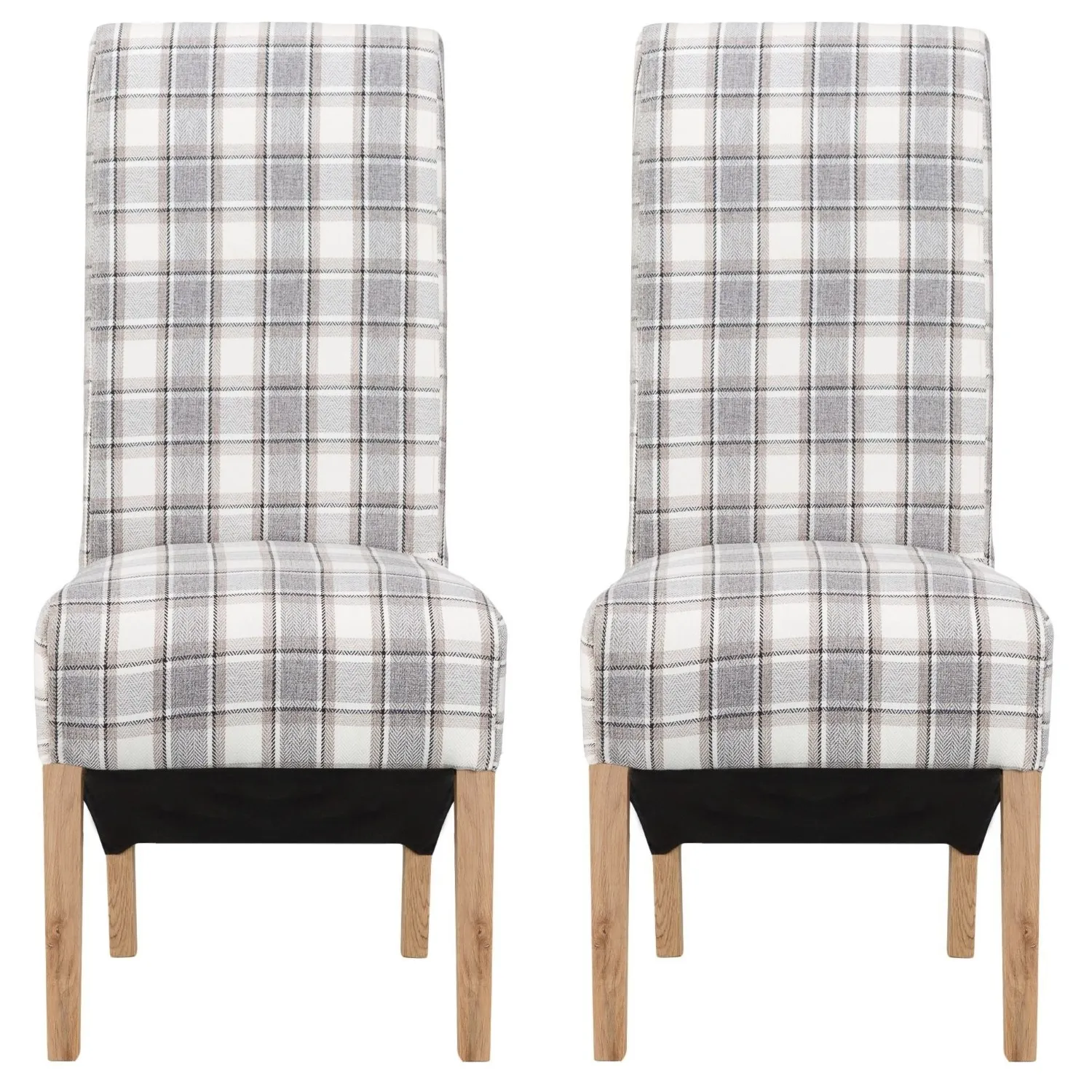 Set of 6 Oak Grey Brown Tartan Checked Dining Chairs