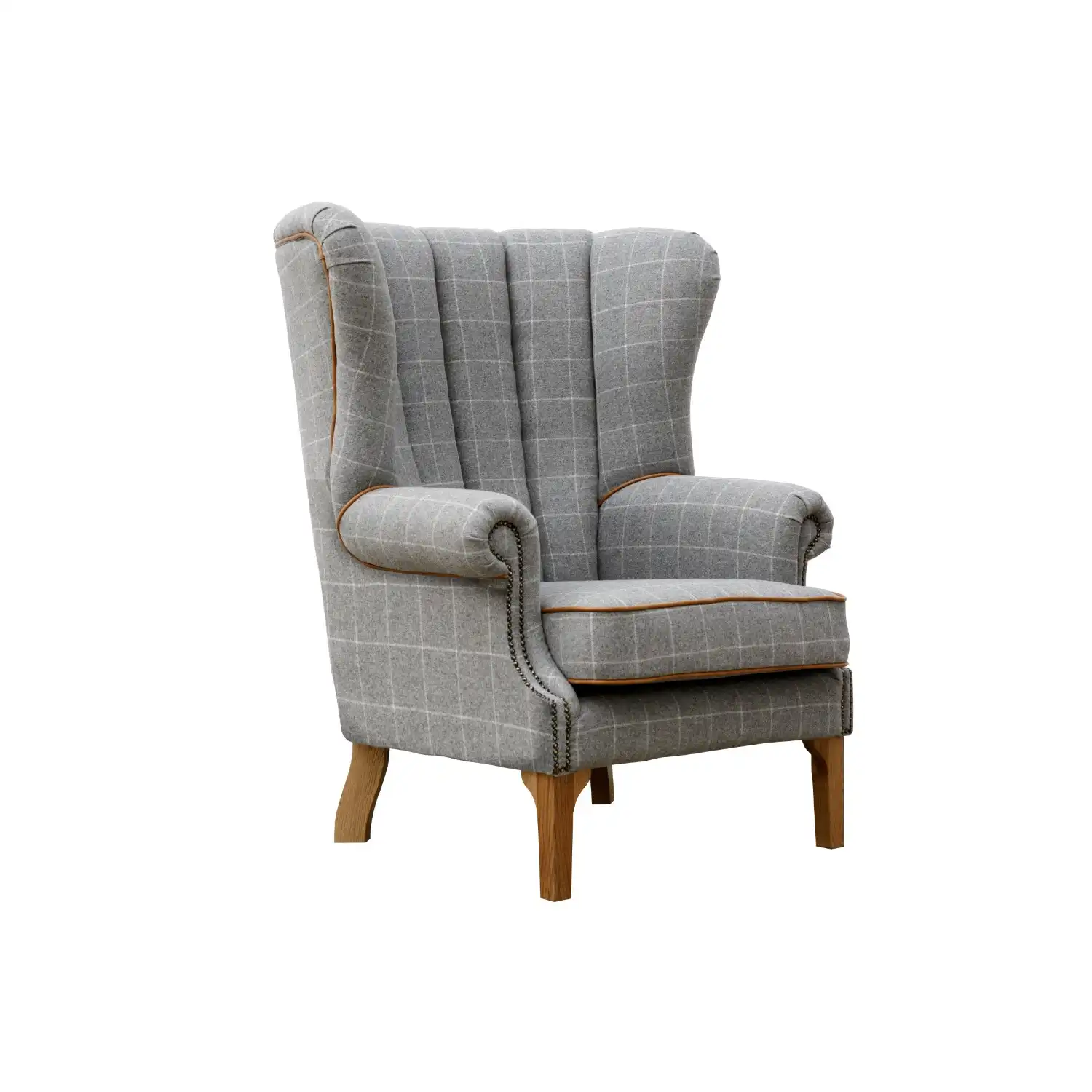 Grey and Tan Fluted Wing Back Chair