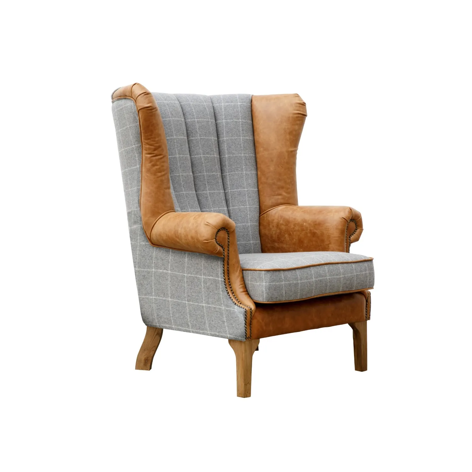 Grey Check Leather And Fabric Fluted Wing Chair