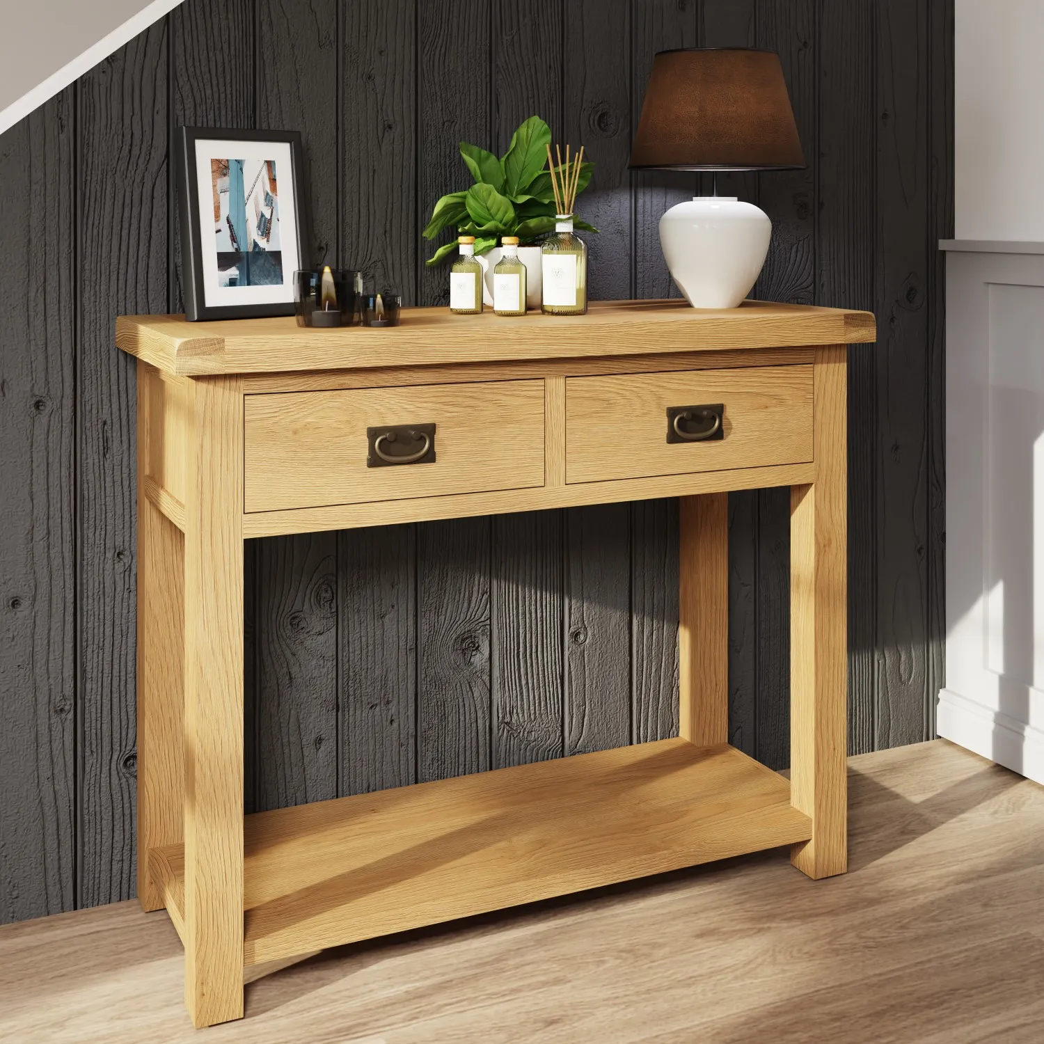 Modern Oak Wood 2 Drawer Console Table with Lower Shelf