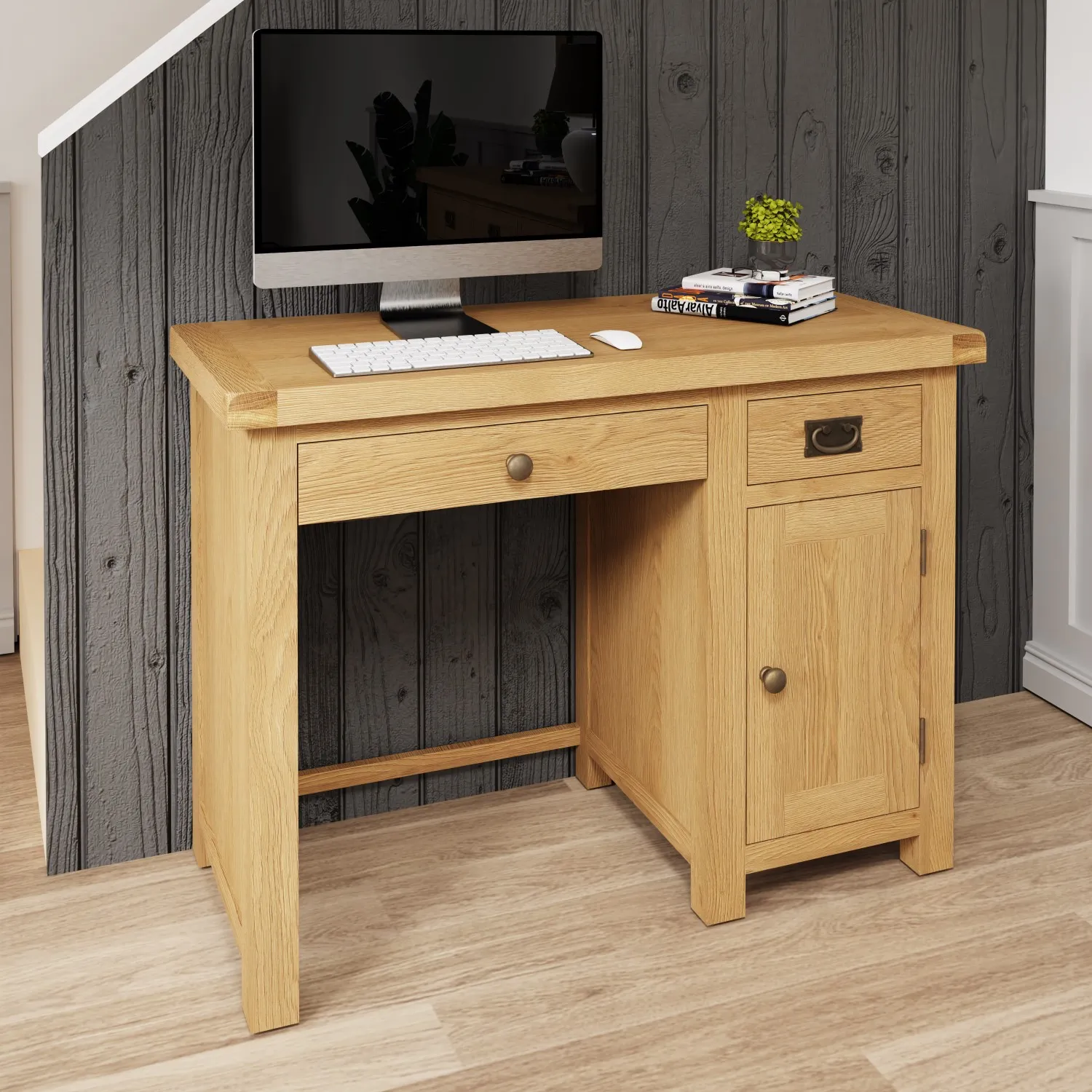 Oak and Brass Computer Desk with Cupboard