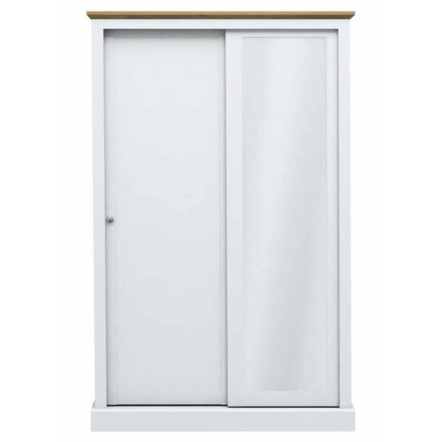 White Painted 2 Door Sliding Mirrored Tall Wide Wardrobe with Oak Top Traditional Design