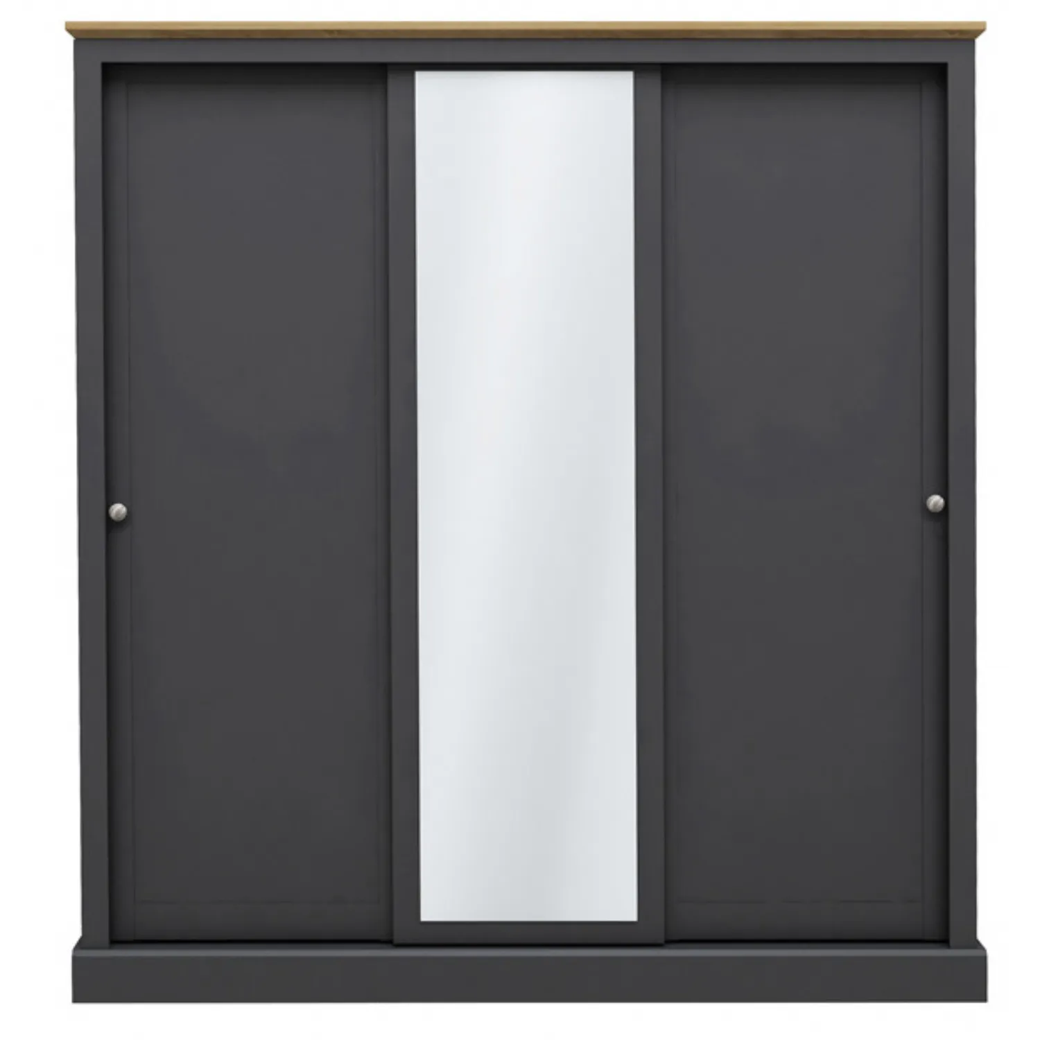 Charcoal Painted 3 Door Sliding Wardrobe Oak Effect Top with Centre Mirror 182x176cm