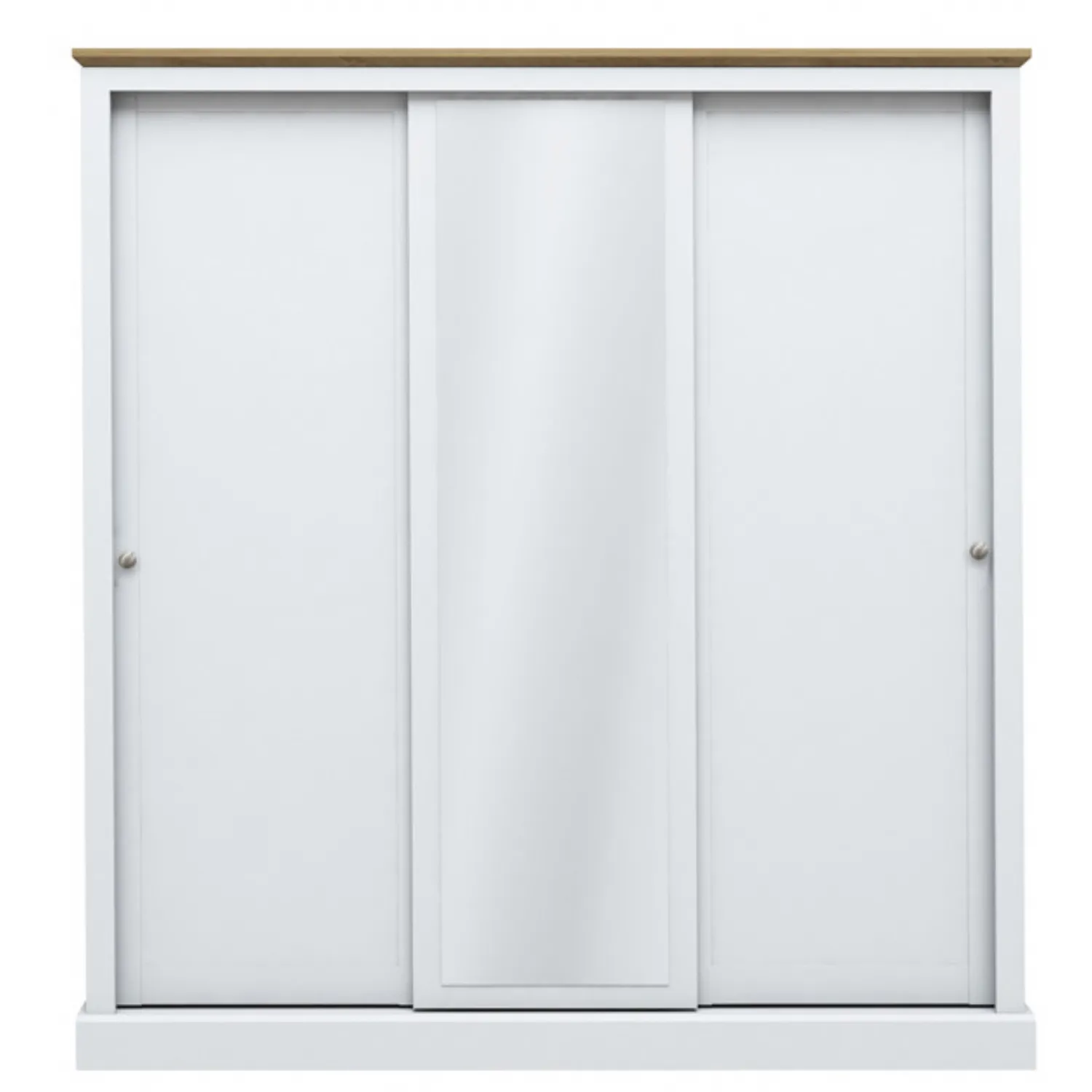 White Painted 3 Door Sliding Wardrobe Oak Effect Top with Centre Mirror 182x176cm