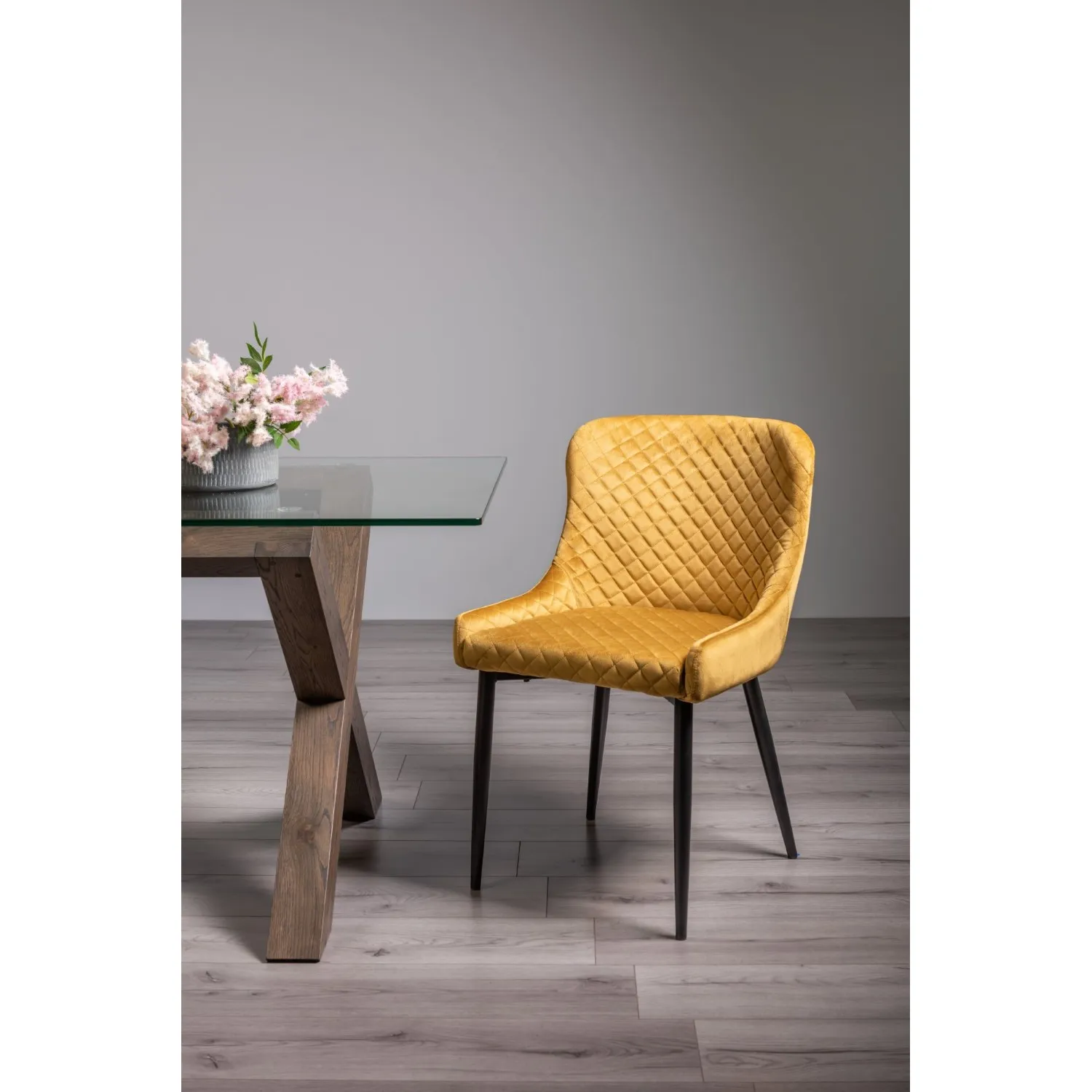 Yellow Velvet Dining Chair Diamond Stitched Pattern