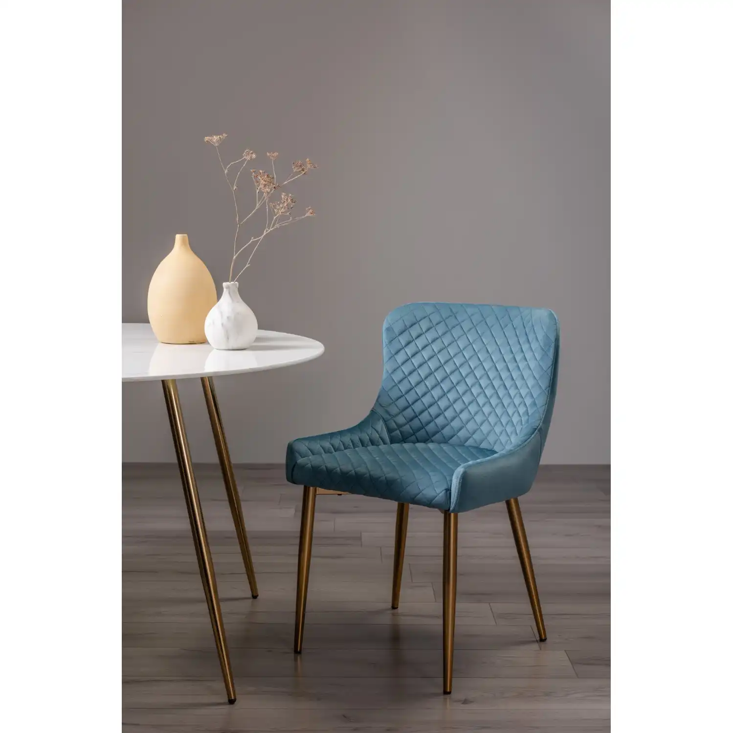 Blue Velvet Fabric Chair Gold Legs