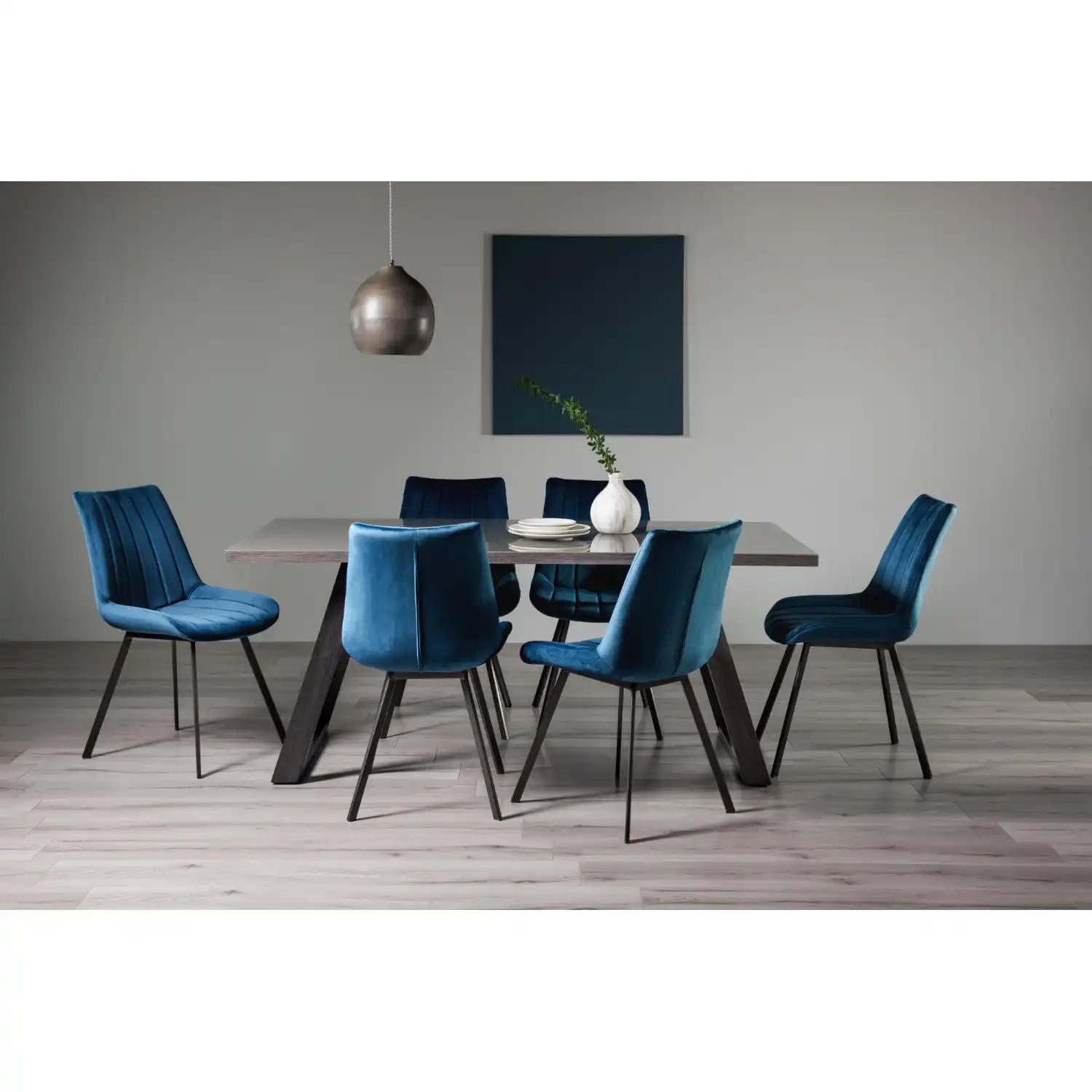 Grey Glass Rectangular Dining Set 6 Blue Velvet Chairs