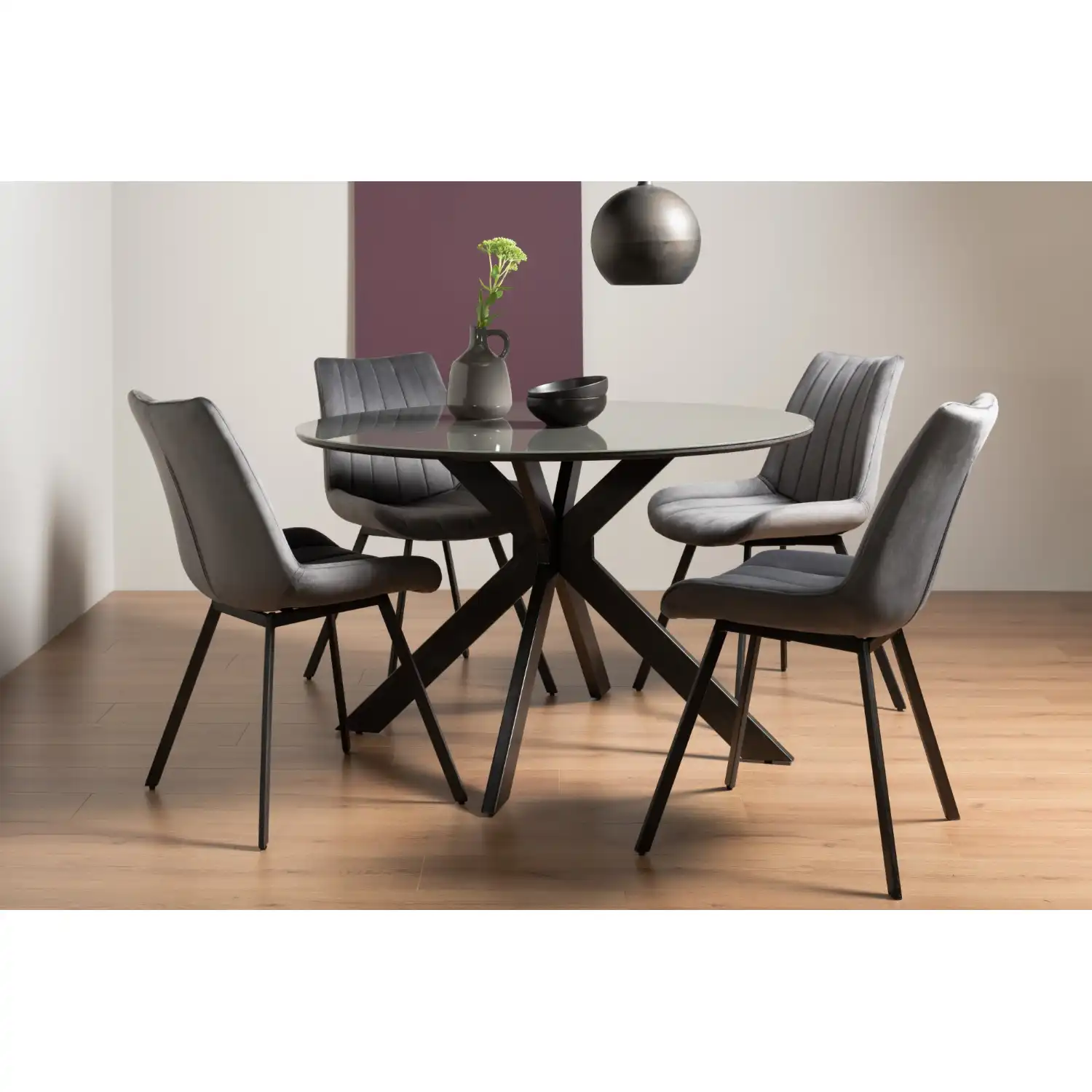 Grey Glass Round Dining Table Set 4 Grey Velvet Chairs