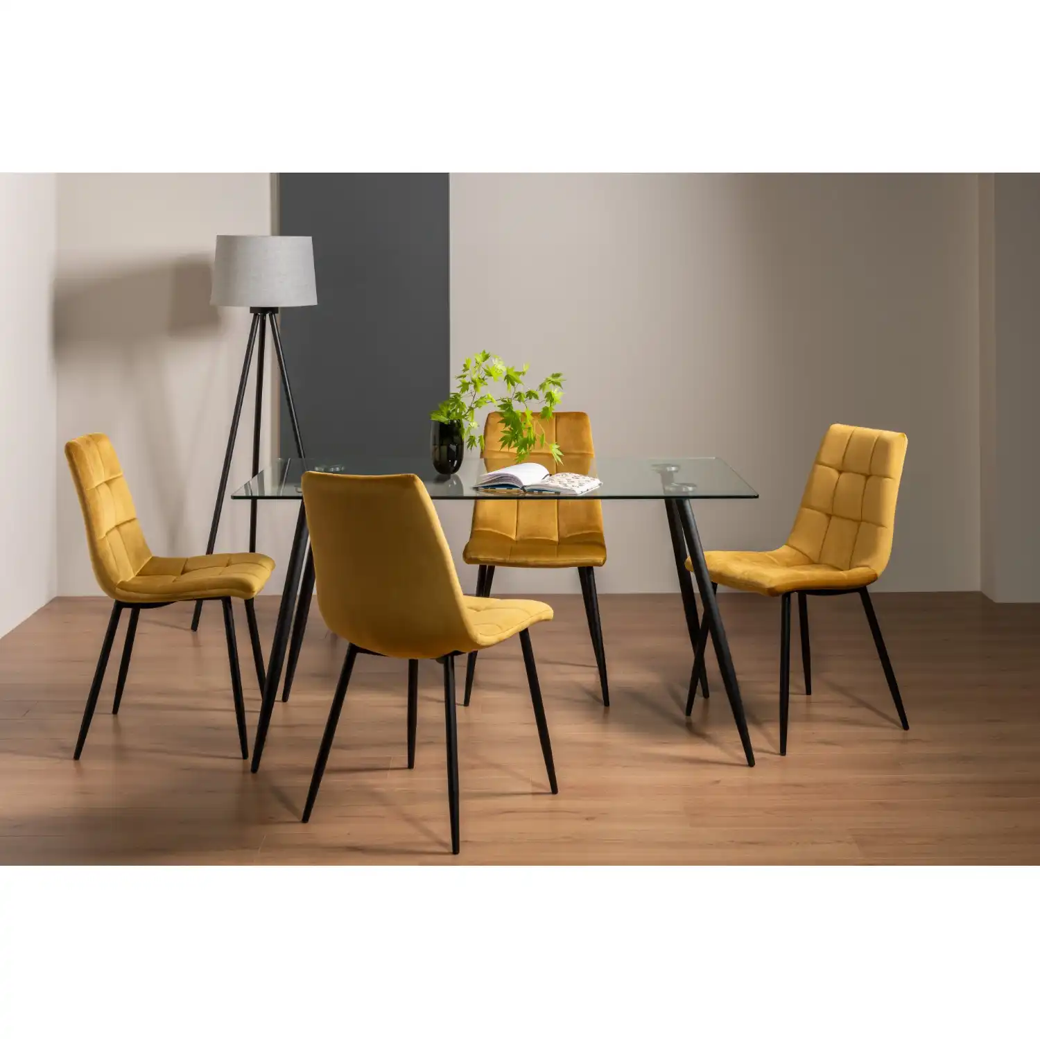 Clear Glass Dining Table Set 4 Yellow Velvet Fabric Chairs