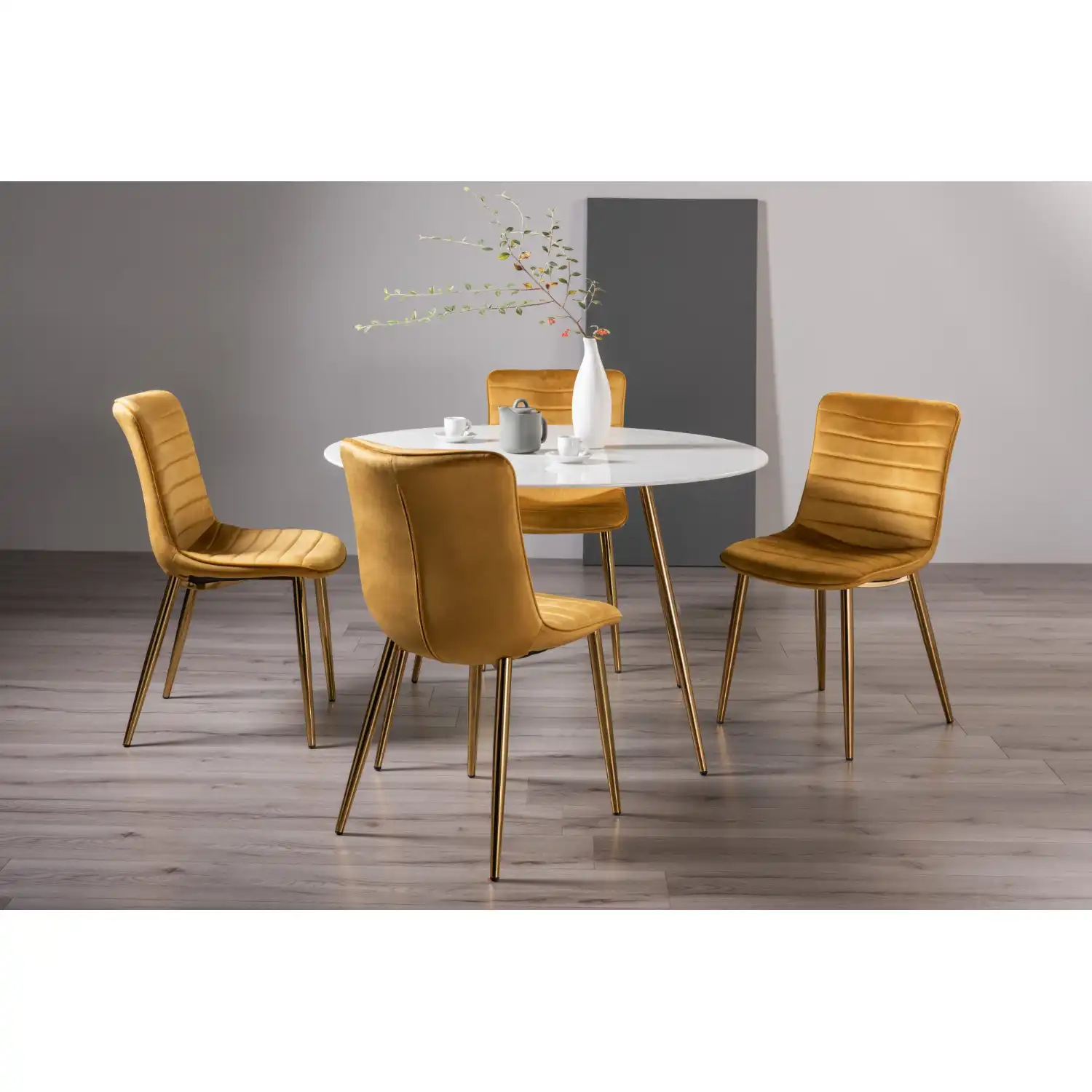 Round White Glass Dining Set with 4 Yellow Fabric Chairs