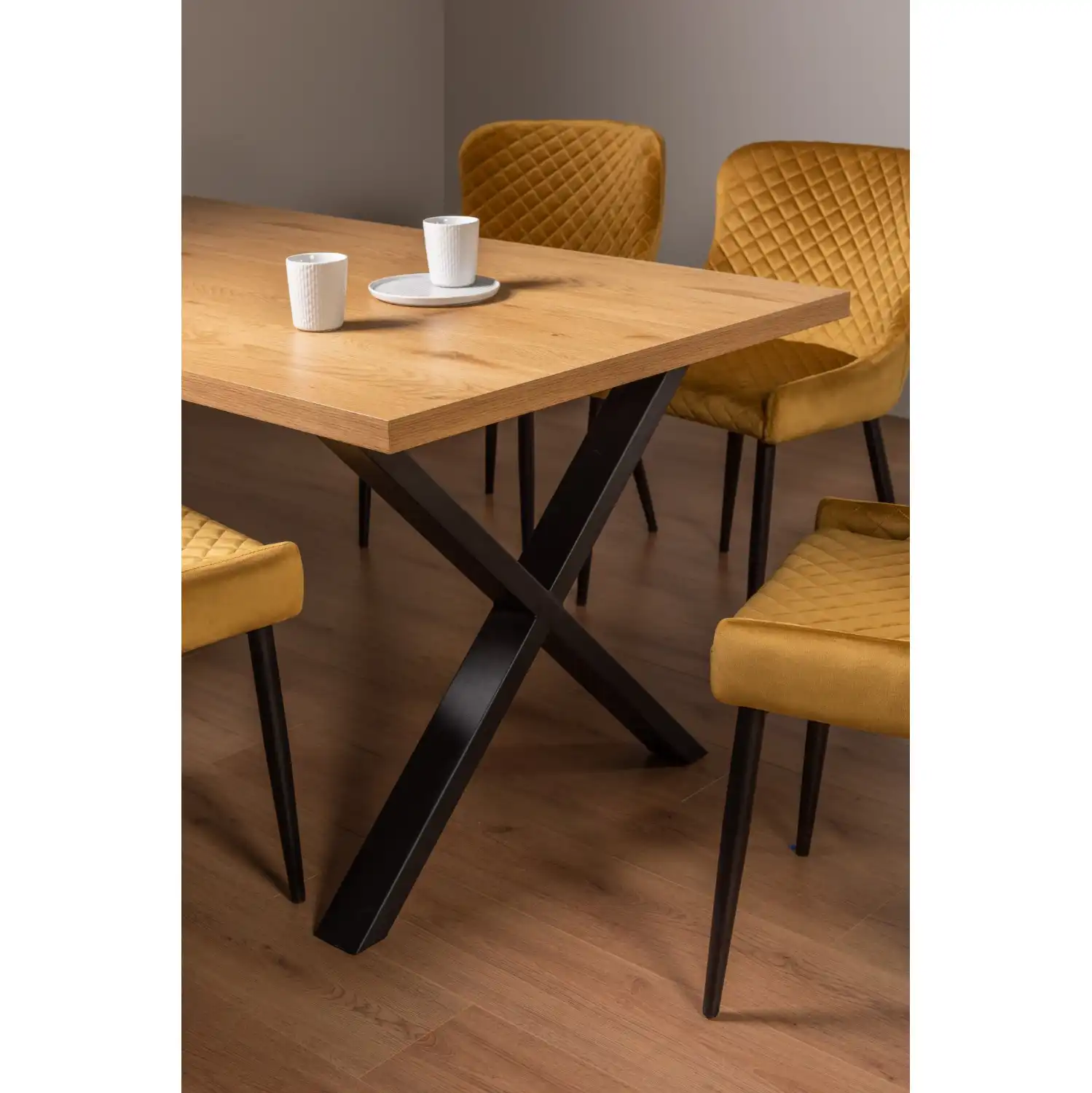 Rustic Oak Dining Table X Shape Black Metal Legs