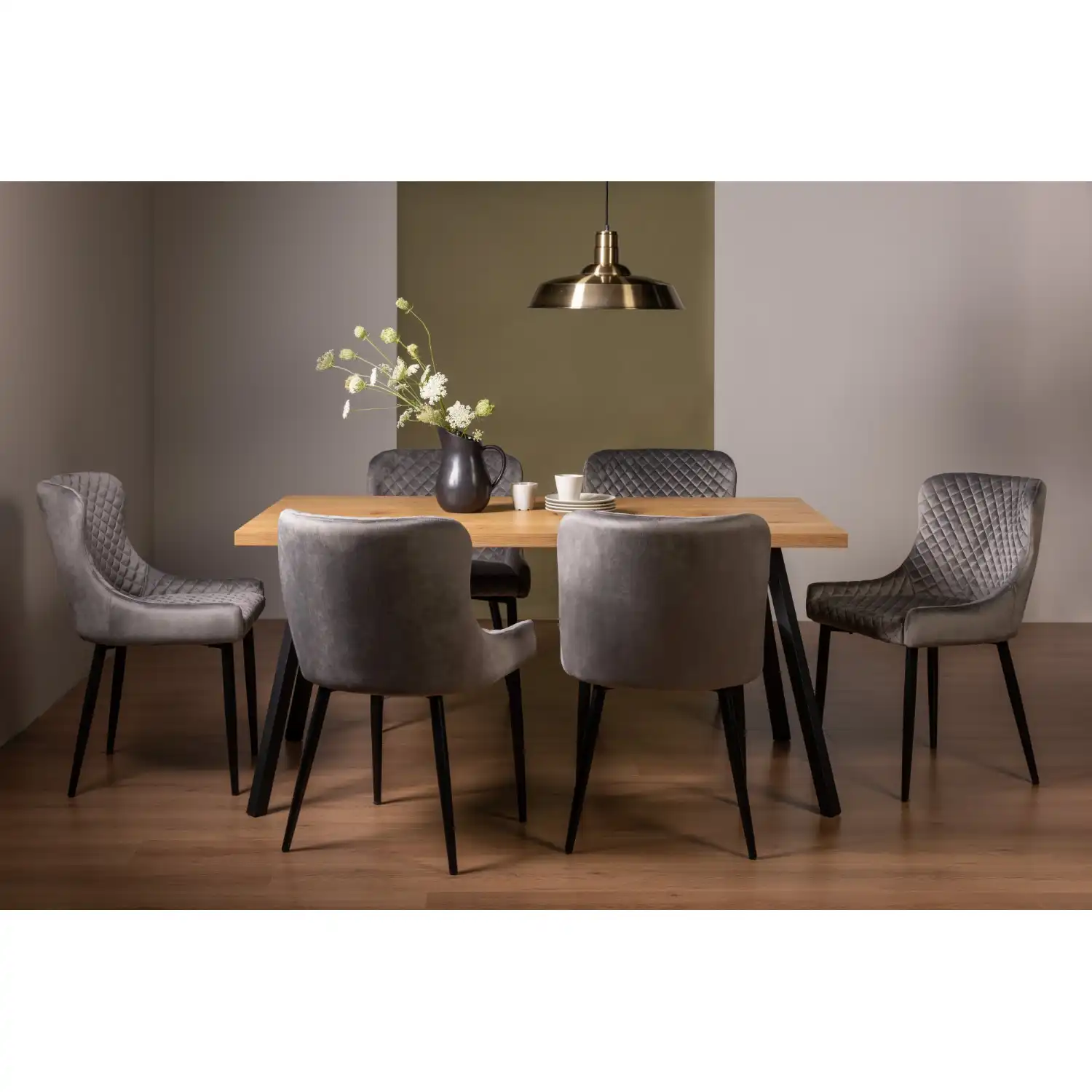 Rustic Oak Dining Set 6 Grey Velvet Fabric Chairs