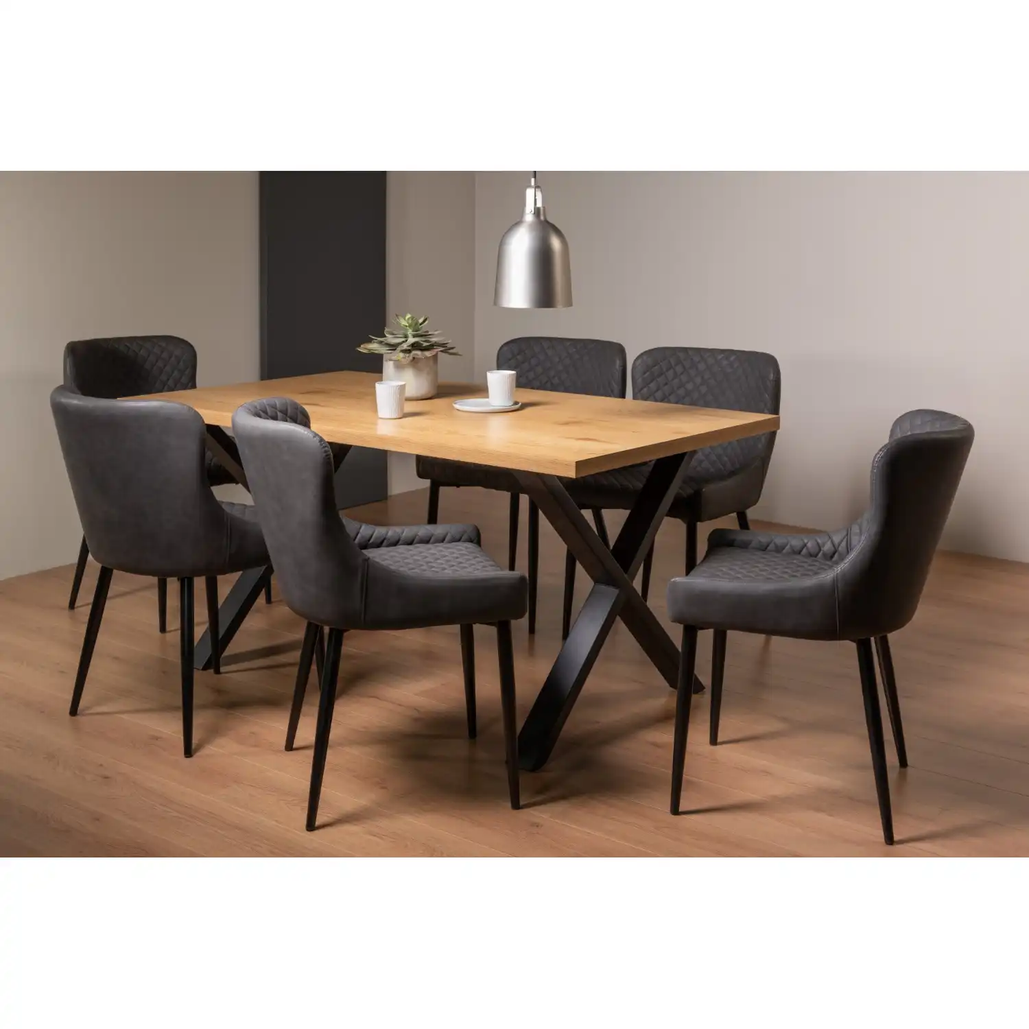 Rustic Oak Dining Table Set 6 Grey Leather Dining Chairs
