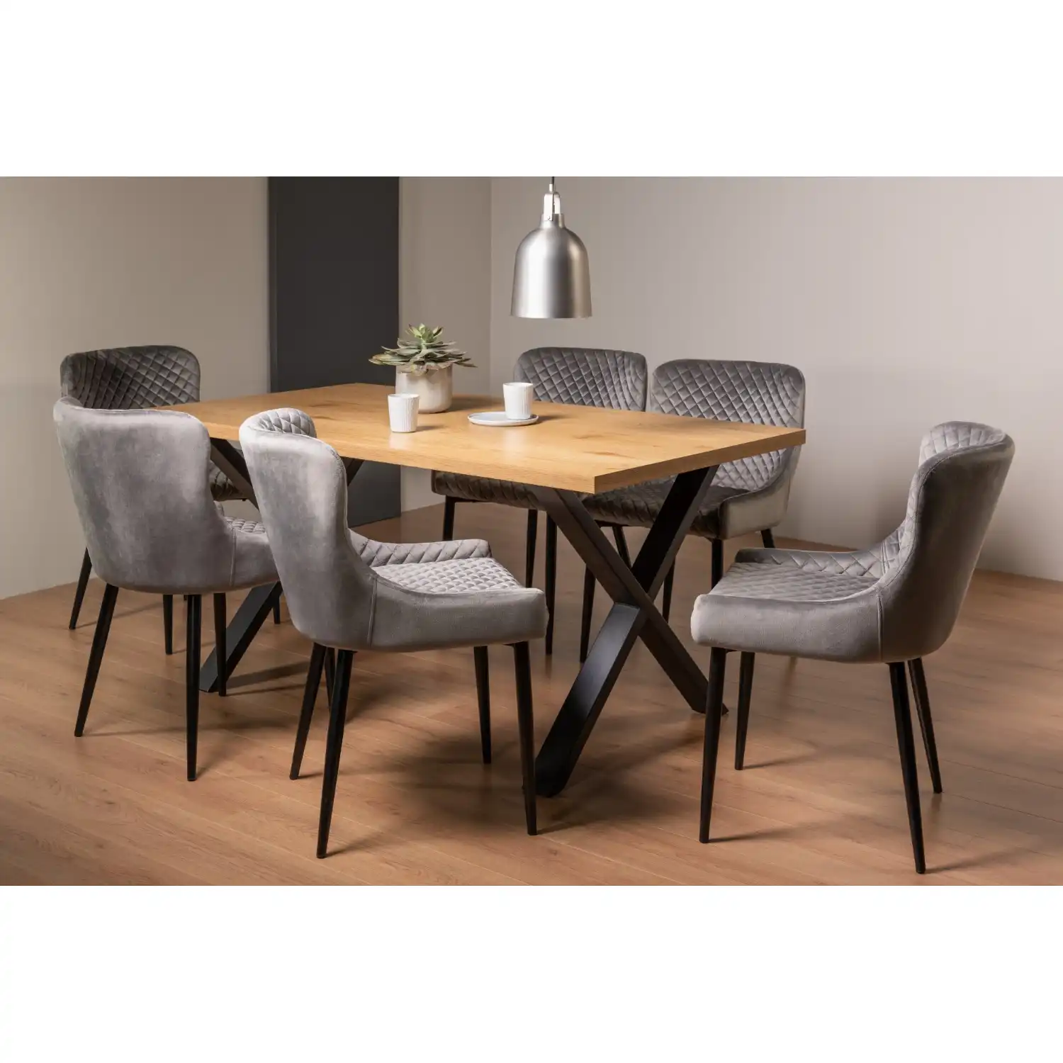 Rustic Oak Dining Table Set 6 Grey Velvet Fabric Chairs