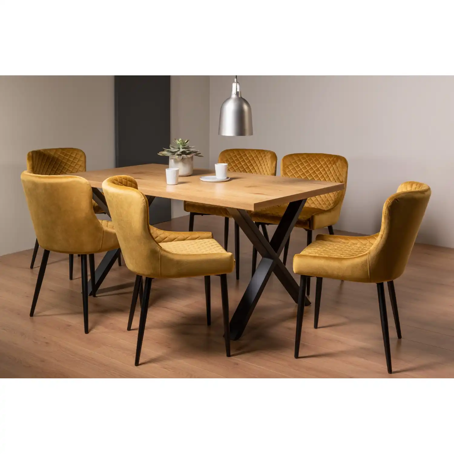 Rustic Oak 160cm Dining Table Set 6 Yellow Velvet Chairs