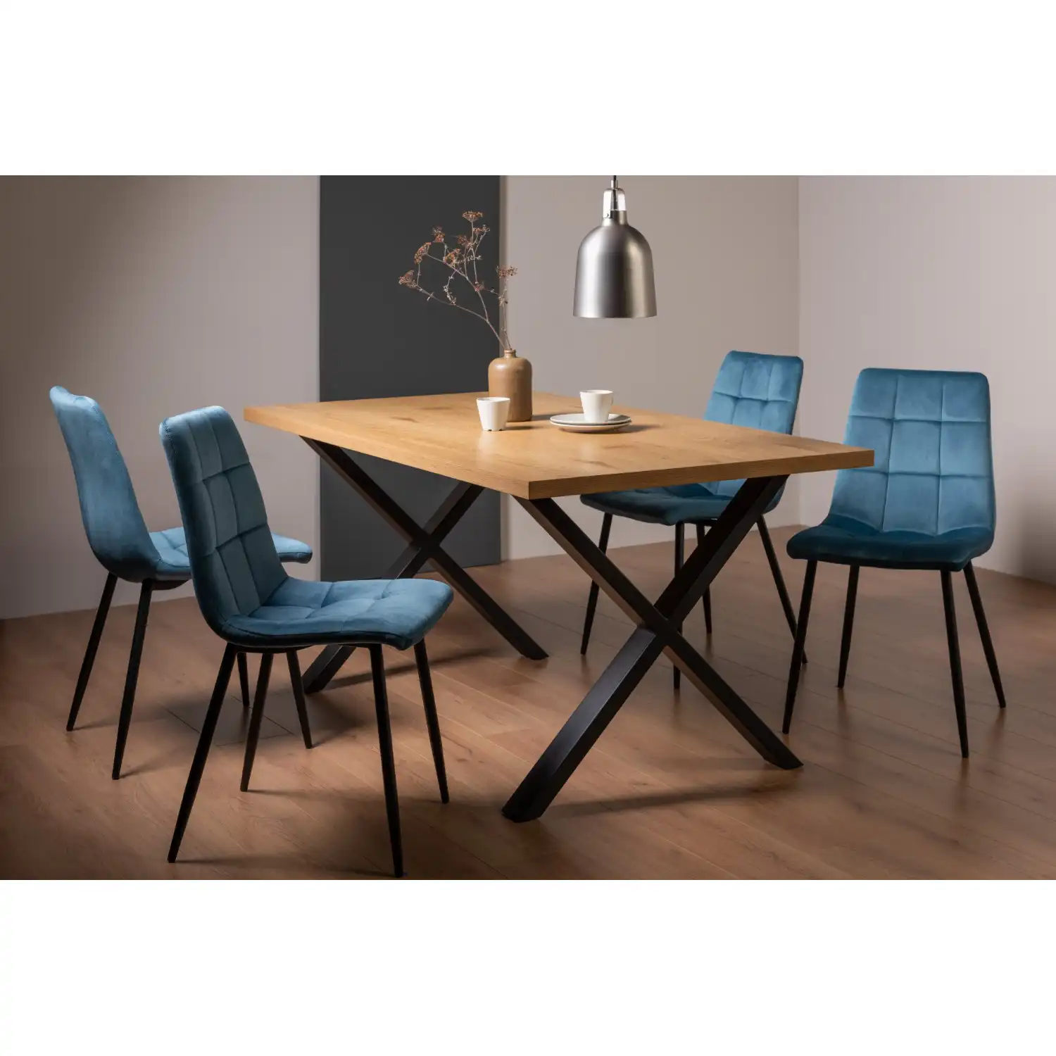 Oak Dining Table Set 4 Blue Velvet Dining Chairs