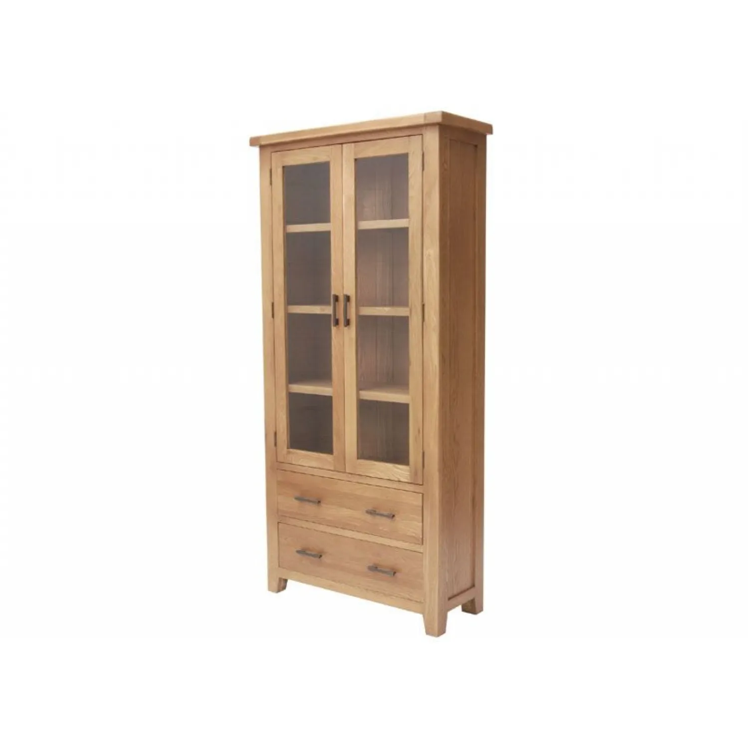 Solid Oak Glazed 2 Door 2 Drawer Display Cabinet
