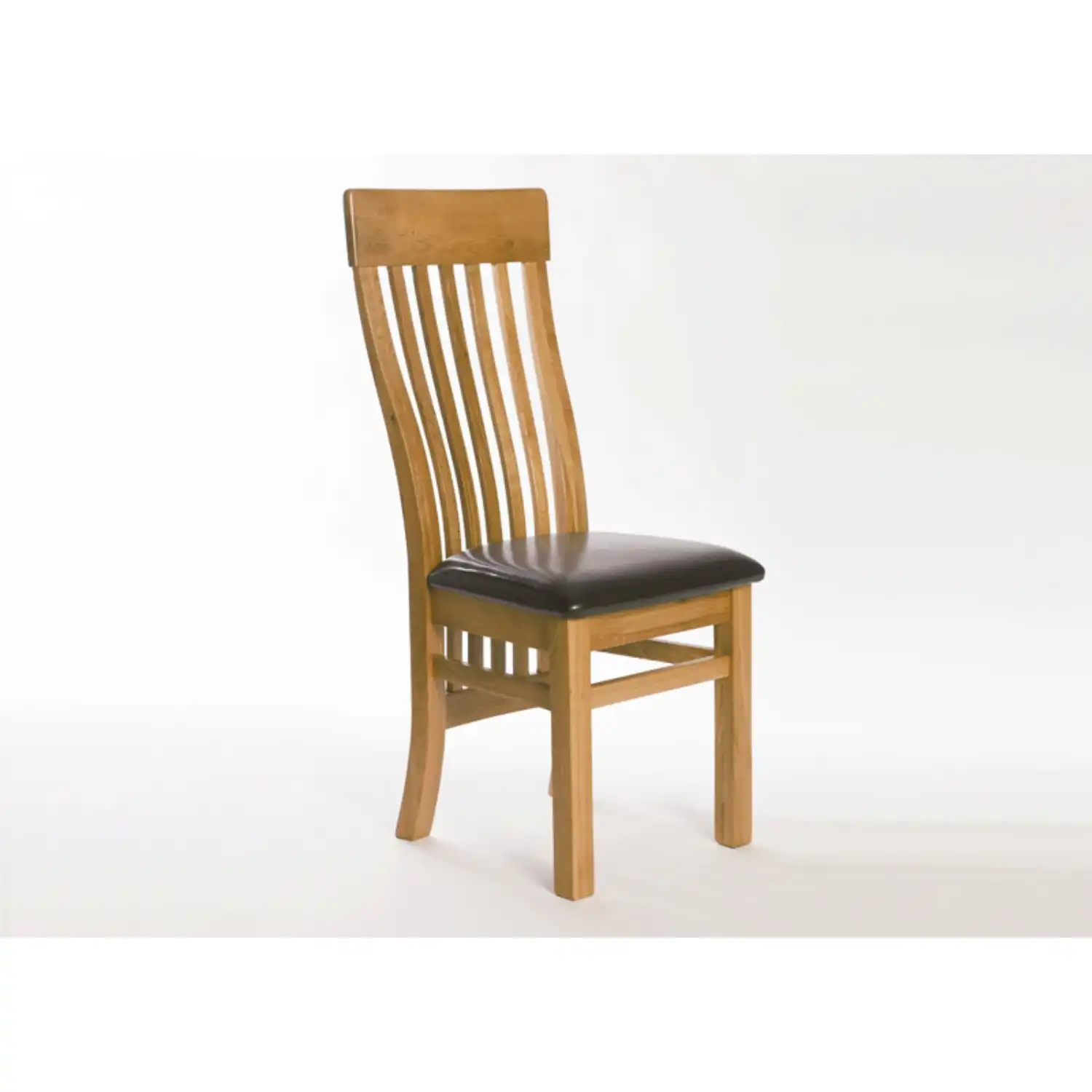 Oak Carved Slat Back Dining Chair Black Leather Cushion