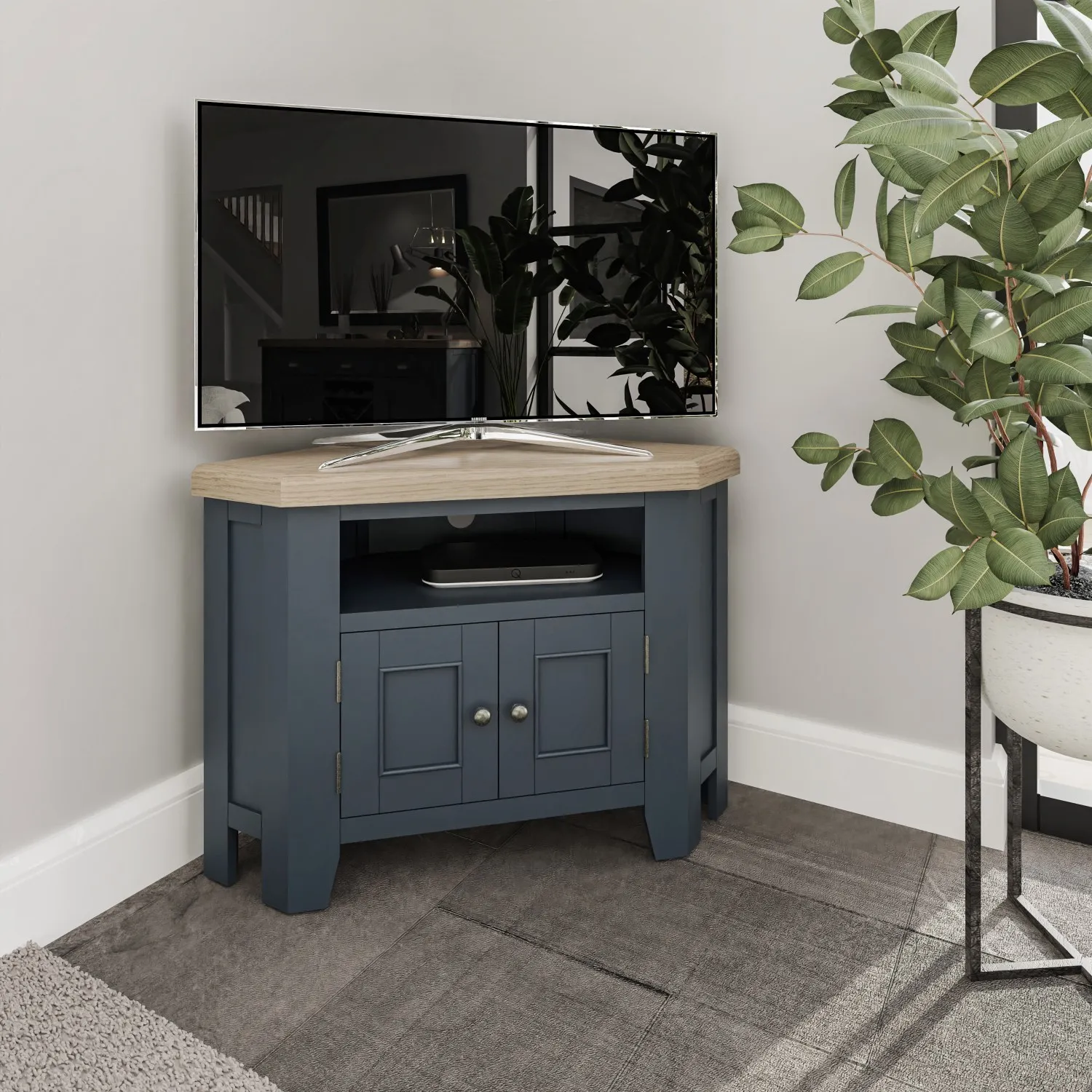 Blue Painted Oak Top Corner TV Cabinet