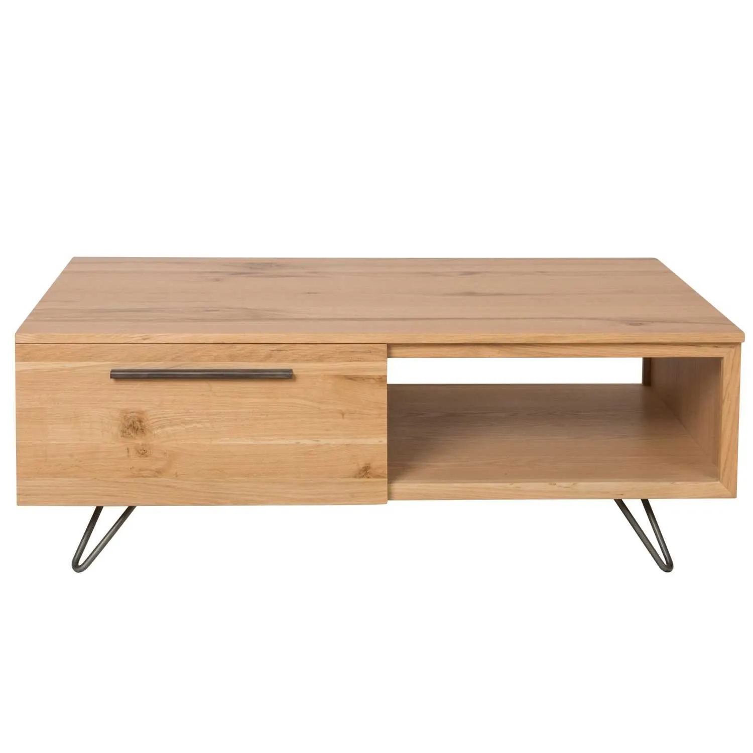 Industrial Style Timber And Metal 2 Drawer Living Room Coffee Table With Open Shelf And Hairpin Legs 45 x 120cm