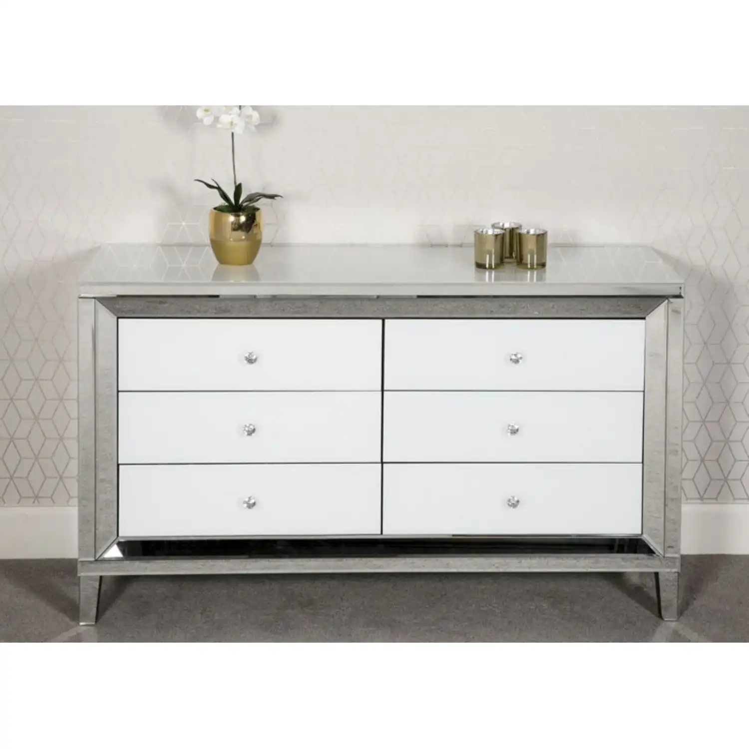White and Mirrored Glass Large Chest of 6 Drawers