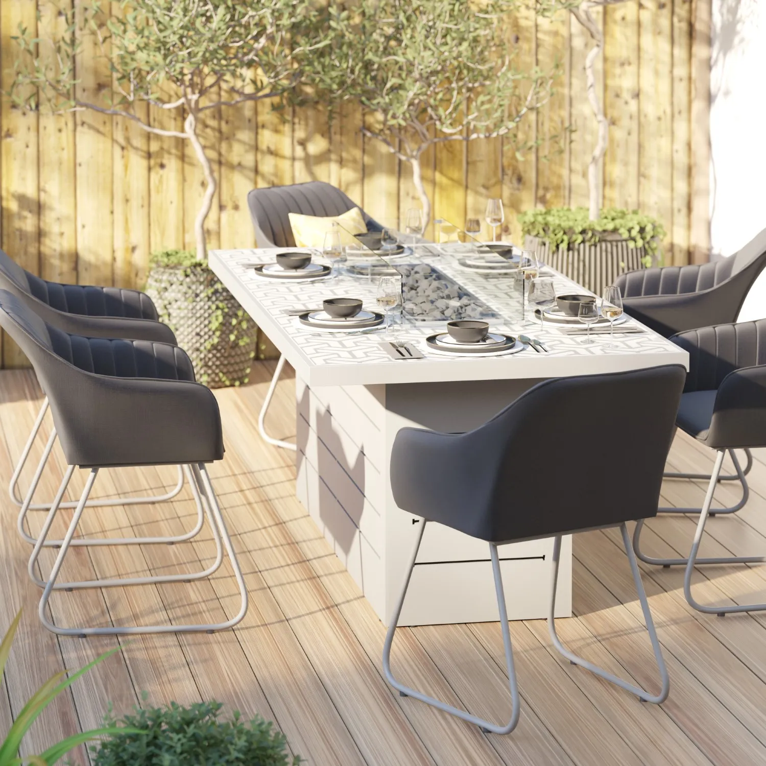 Grey Outdoor Rectangular Dining Table with Firepit