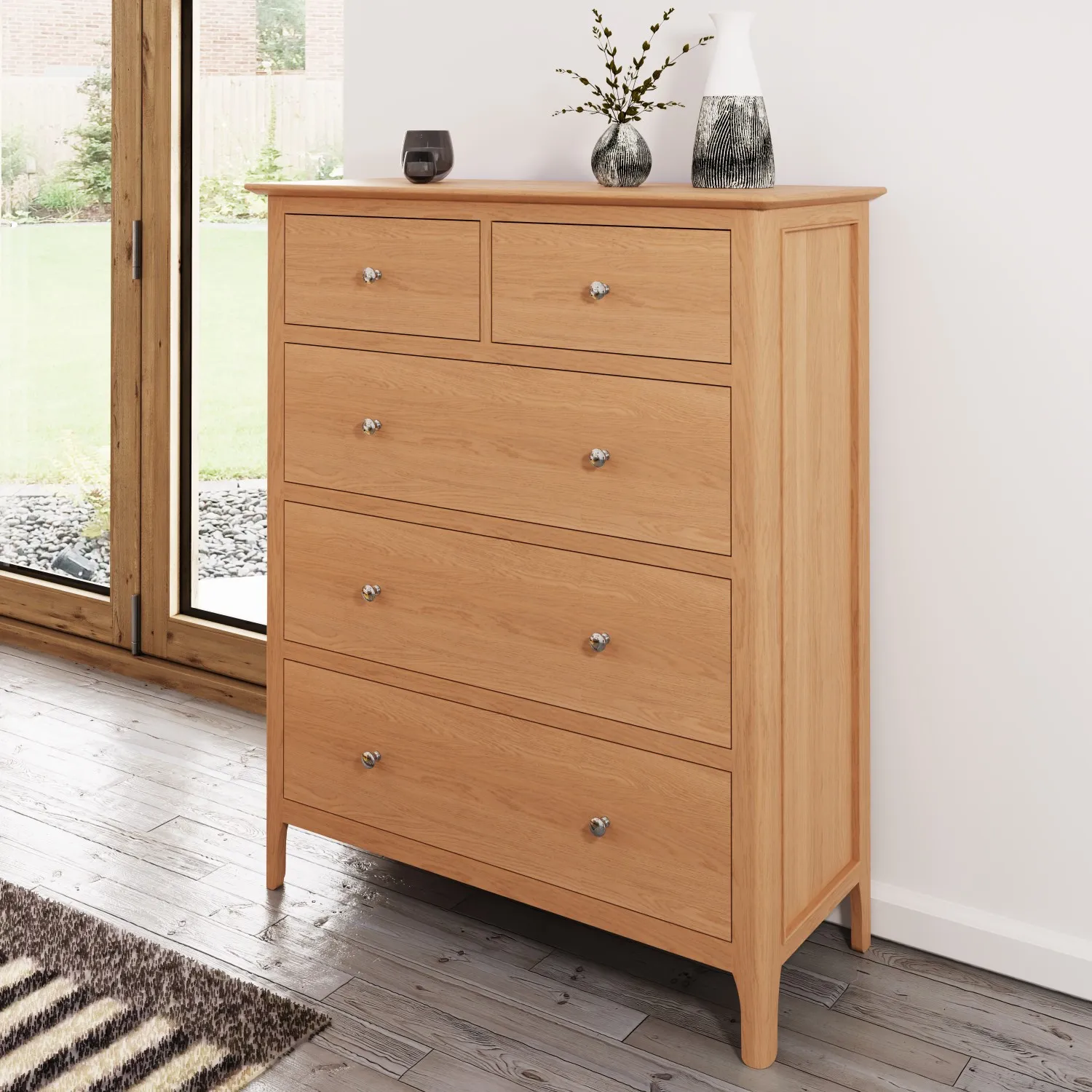 Oak Wood And Metal 2 Over 3 Chest of 5 Drawers