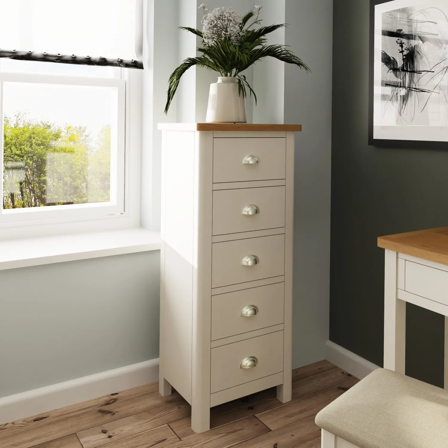 Grey Oak Top Narrow Chest of 5 Drawers