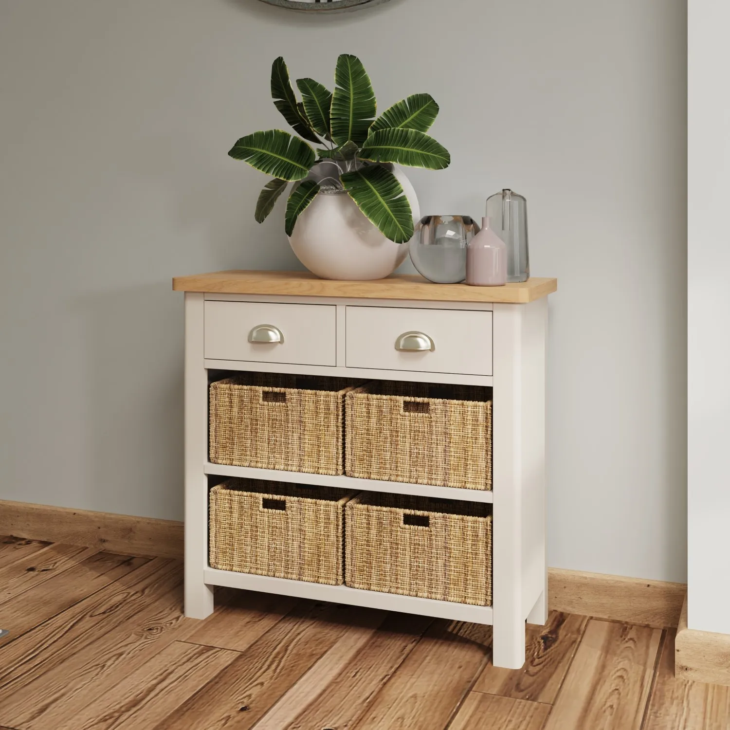 Grey Painted Basket Chest of 6 Drawers Oak Top