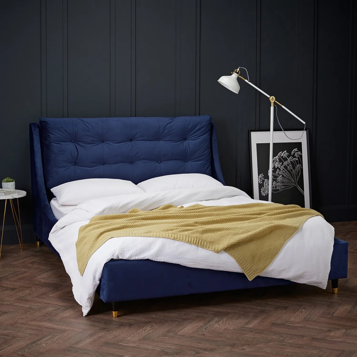 Blue Velvet Fabric Upholstered King Size 5ft 150cm Bed Buttoned Headboard