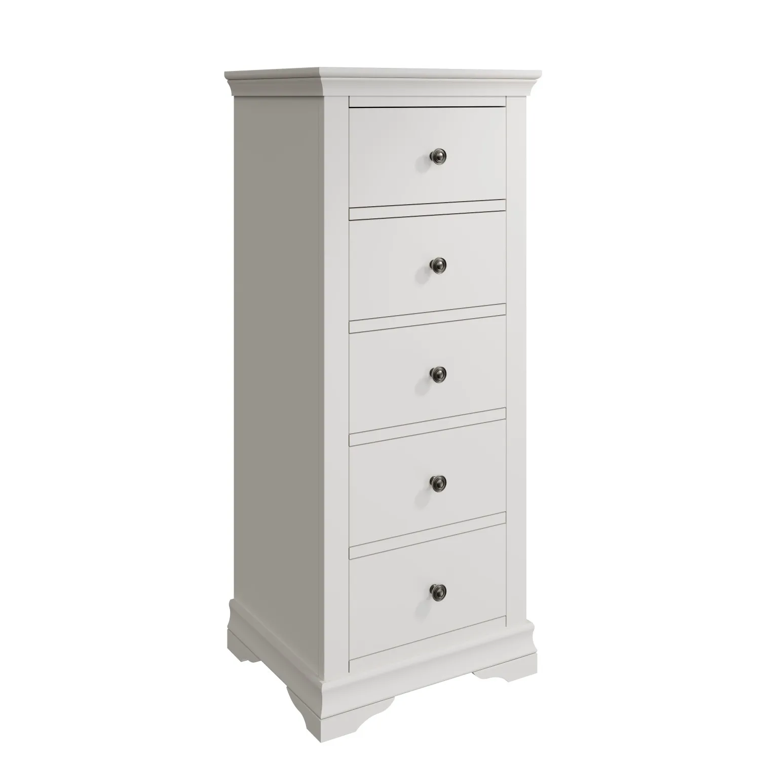 White Painted Narrow Chest of 5 Drawers
