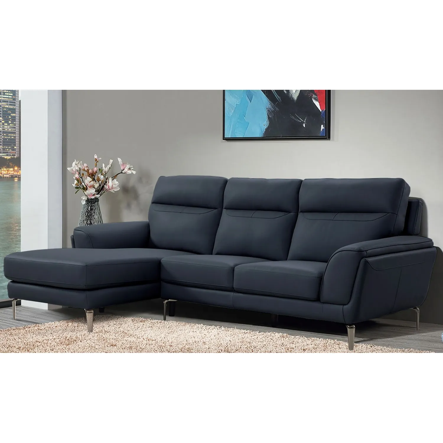 Blue Leather Corner Sofa Left Hand Facing